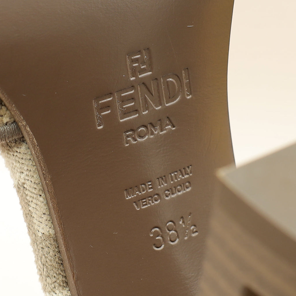 Fendi Tortora Nuvola FF Chenille Velvet FF Cut Baguette Ankle Strap 105mm Pumps 38.5