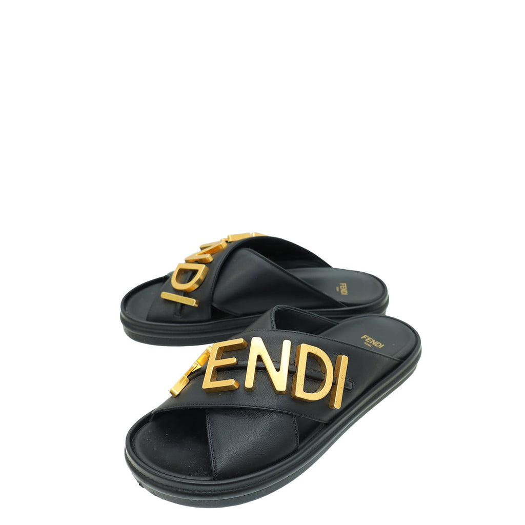 Fendi Black Logo Vitello Fendigraphy Slide Sandals 38