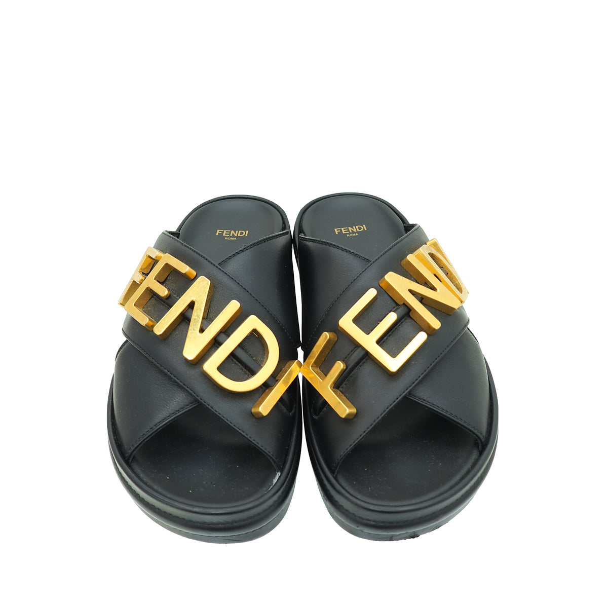 Fendi Black Logo Vitello Fendigraphy Slide Sandals 38