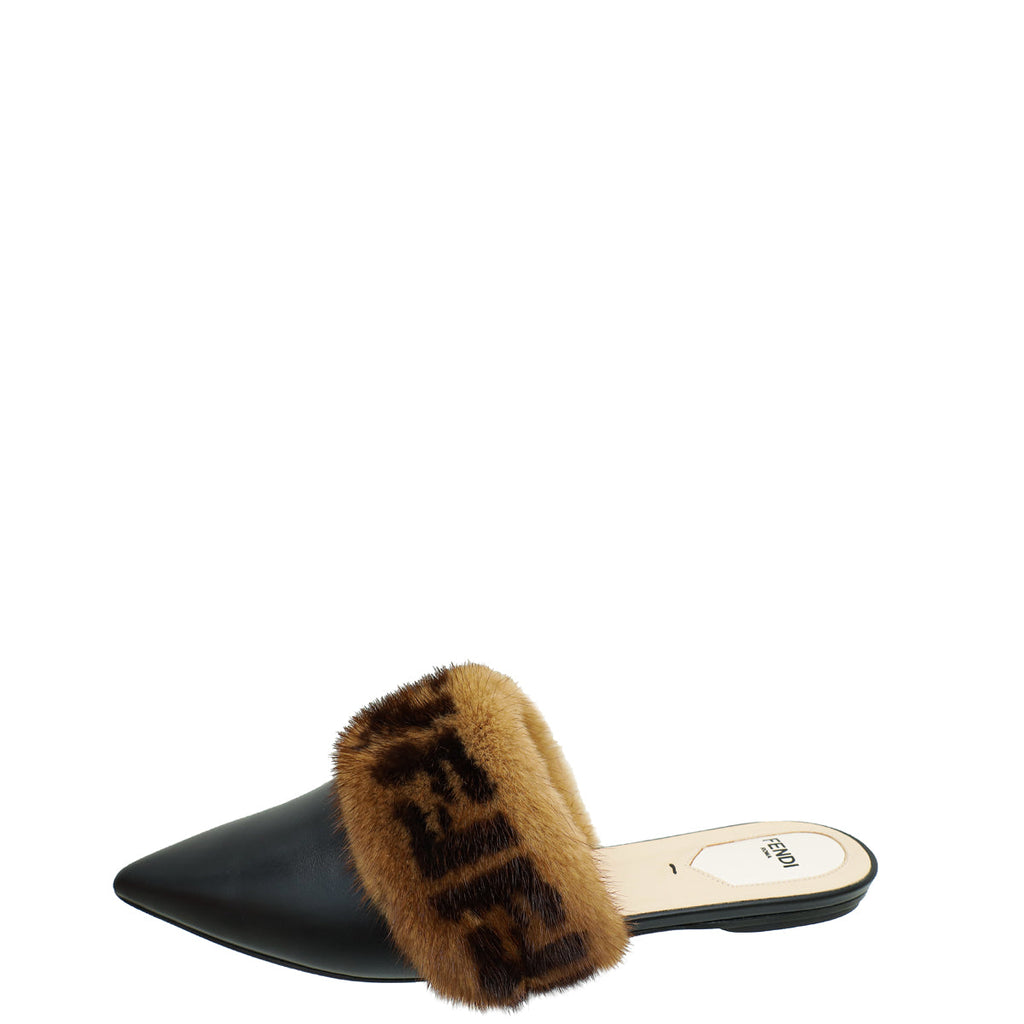 Fendi Bicolor FF Mink Fur Flat Mules 41