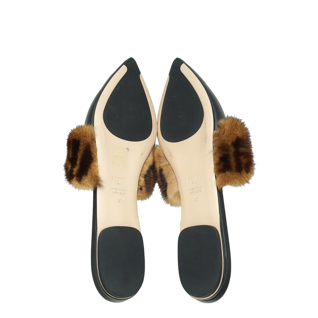 Fendi Bicolor FF Mink Fur Flat Mules 41