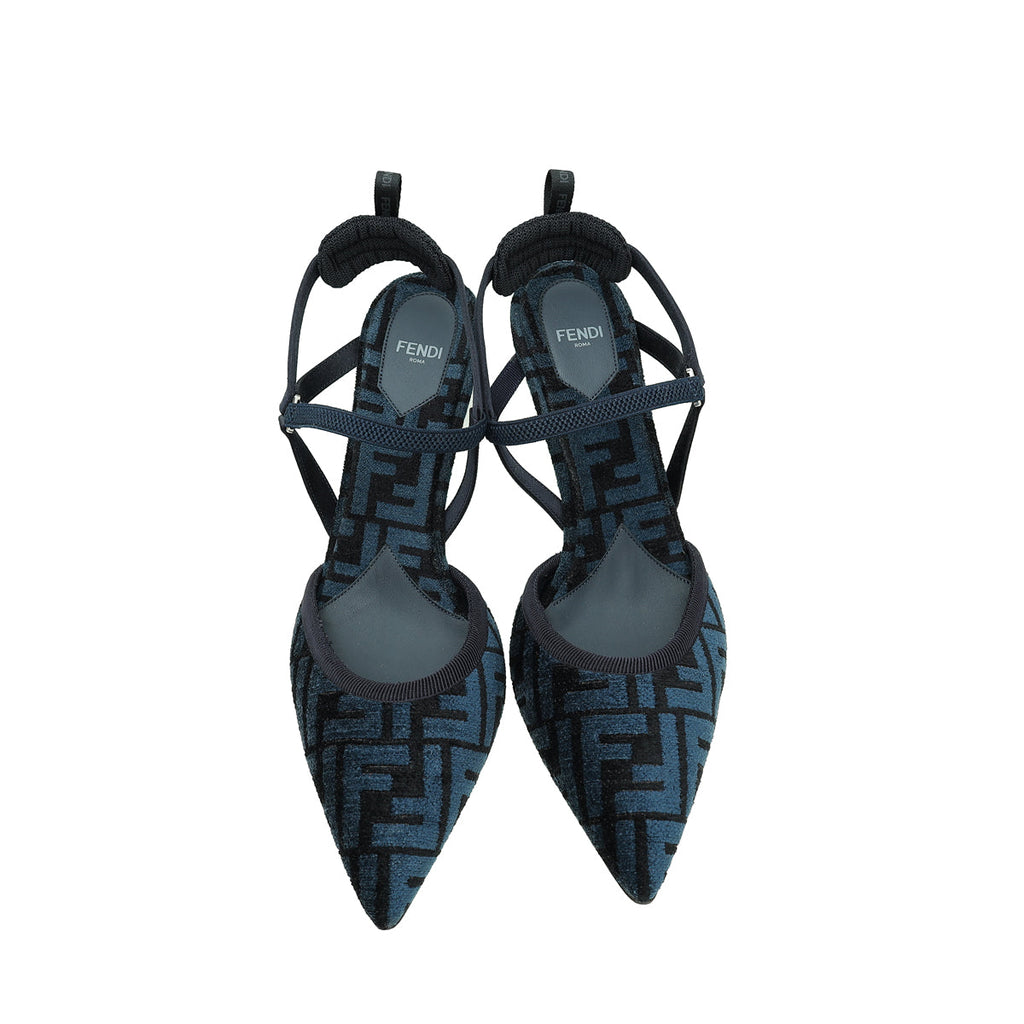 Fendi Dark Blue FF Velvet Colibri Lite Slingback Pumps 42