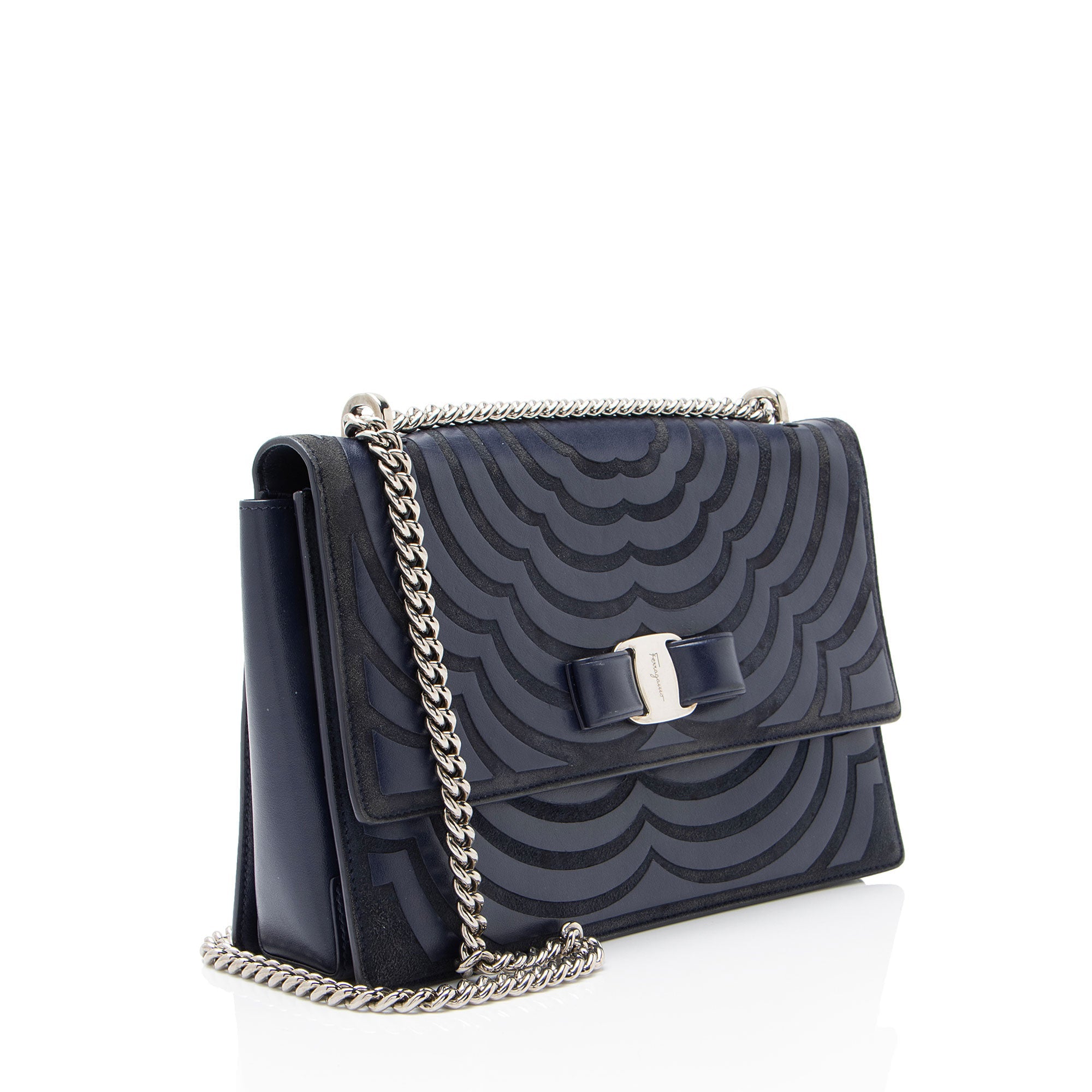 Ferragamo Calfskin Suede Vara Bow Chain Flap Bag