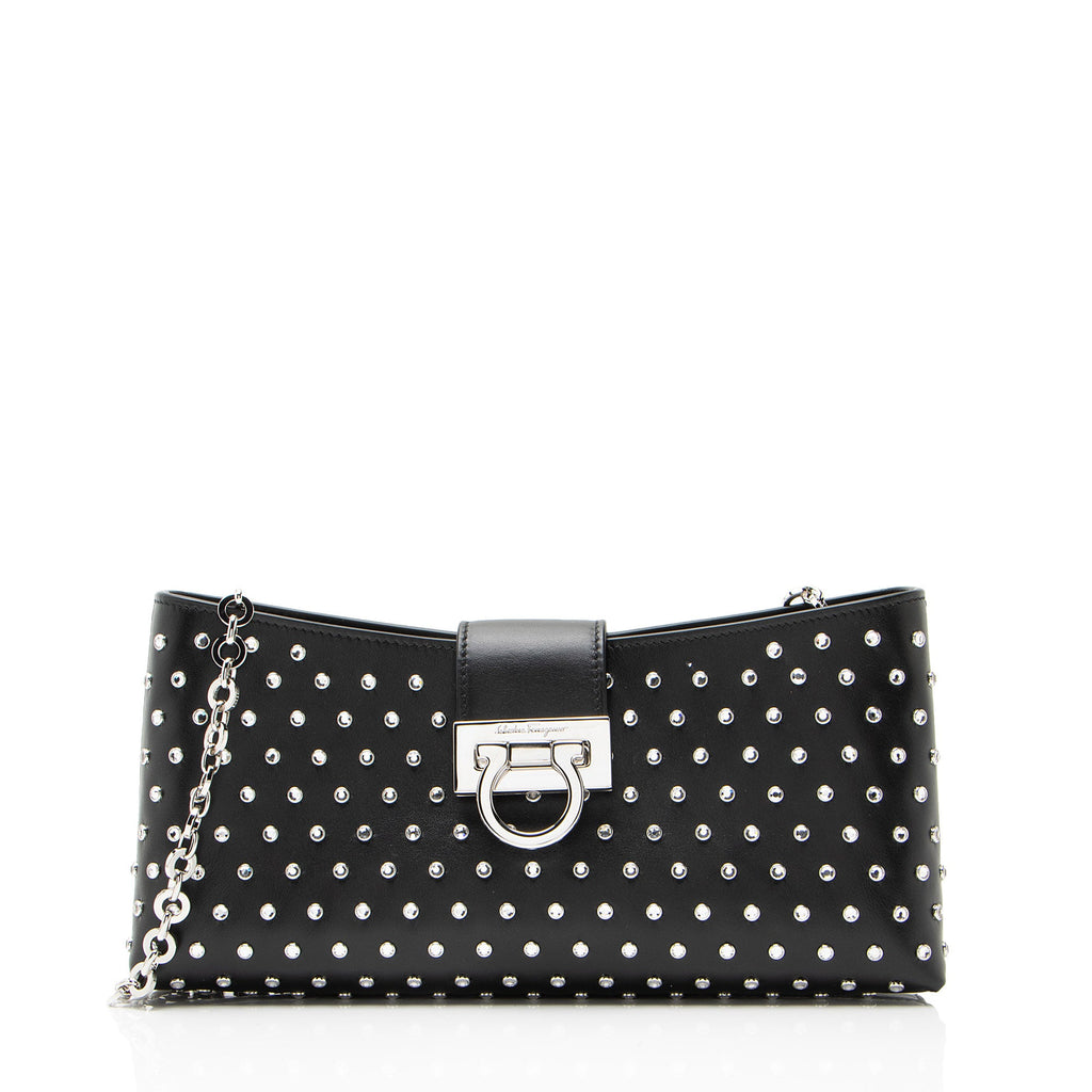 Ferragamo Leather Crystal Trifolio Chain Shoulder Bag