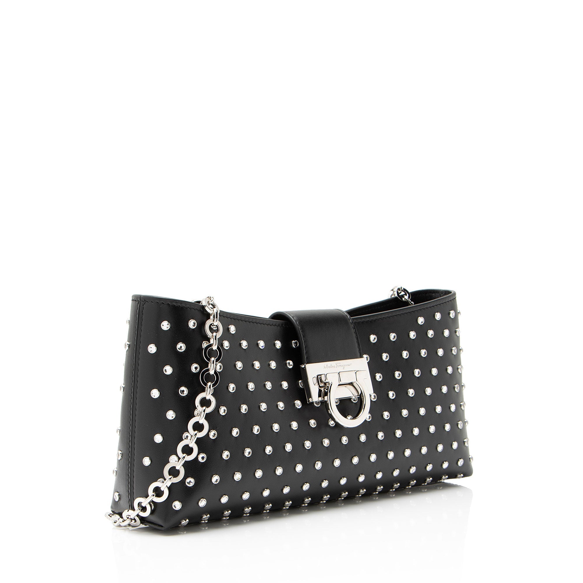 Ferragamo Leather Crystal Trifolio Chain Shoulder Bag