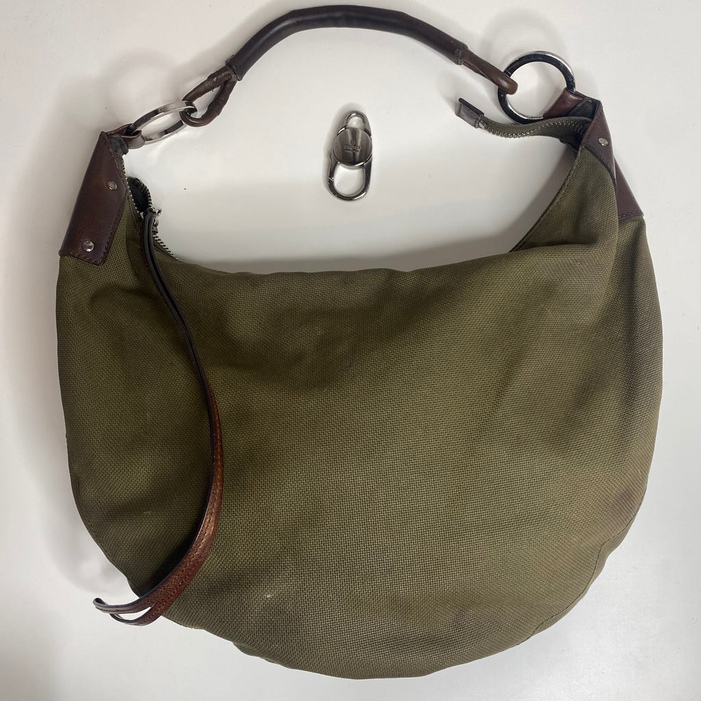 GUCCI Half Moon Canvas Shoulder Bag Khaki Green
