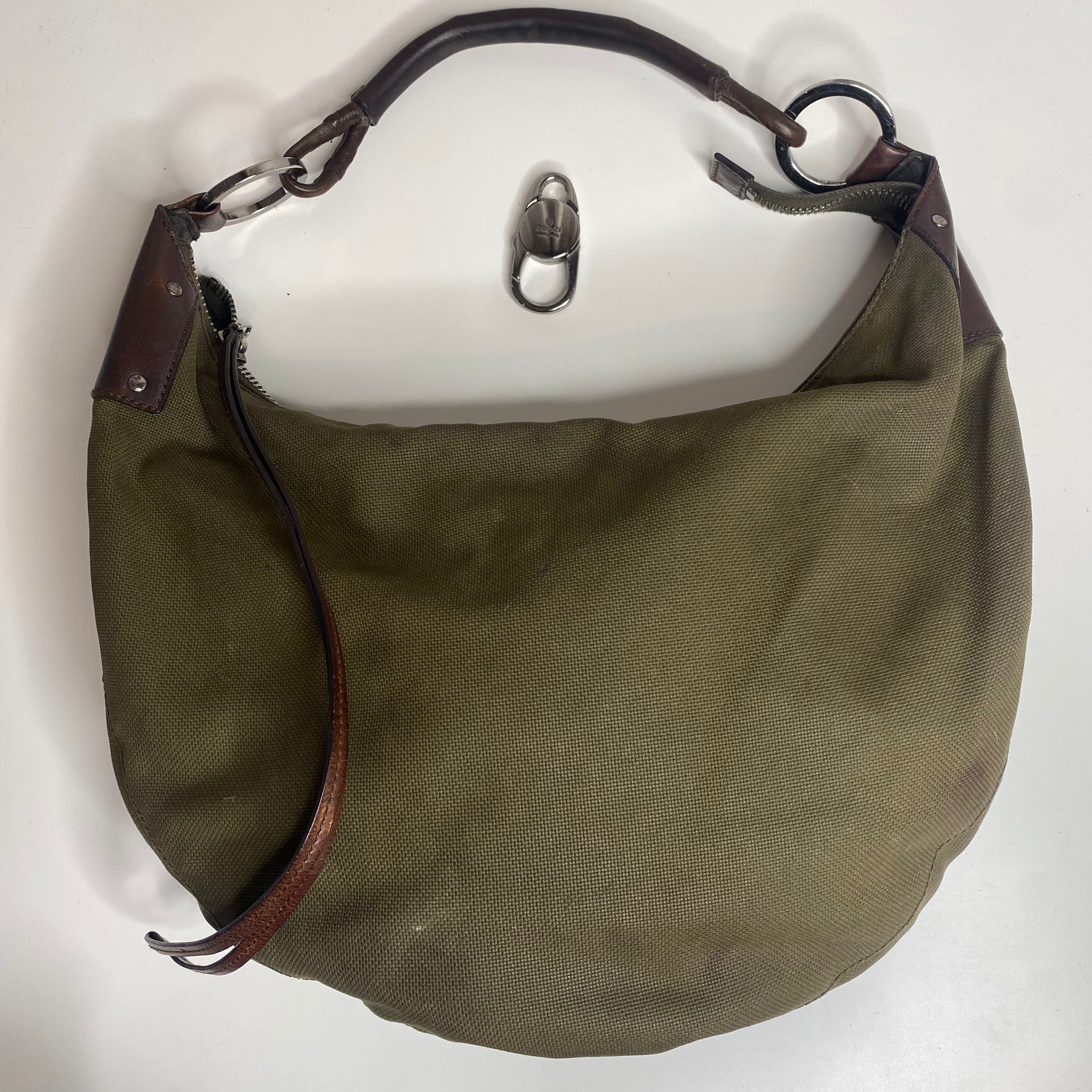 GUCCI Half Moon Canvas Shoulder Bag Khaki Green