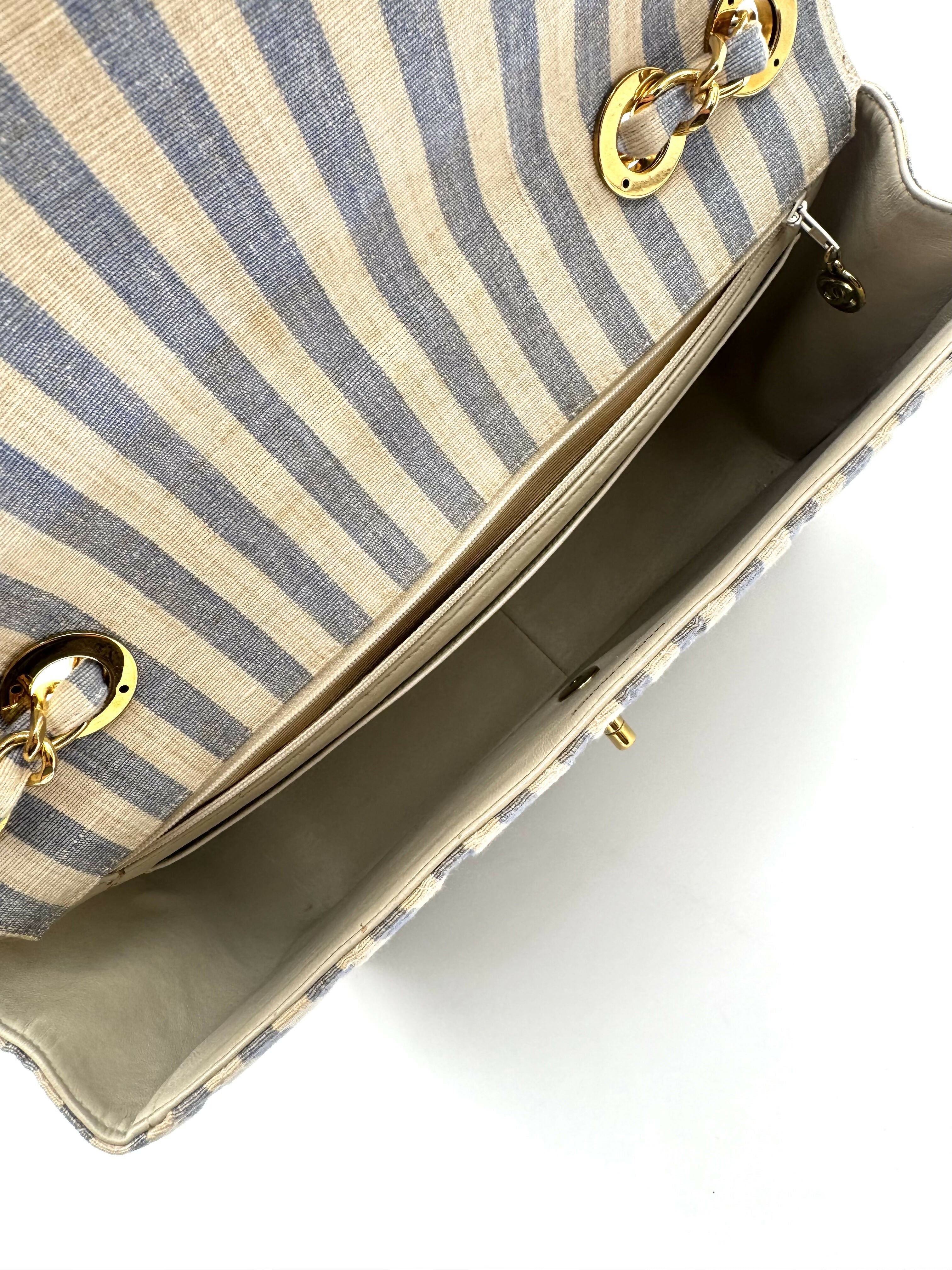 Chanel Vintage 1990s Jumbo Blue and White Striped Linen and Cotton Classic Flap Bag