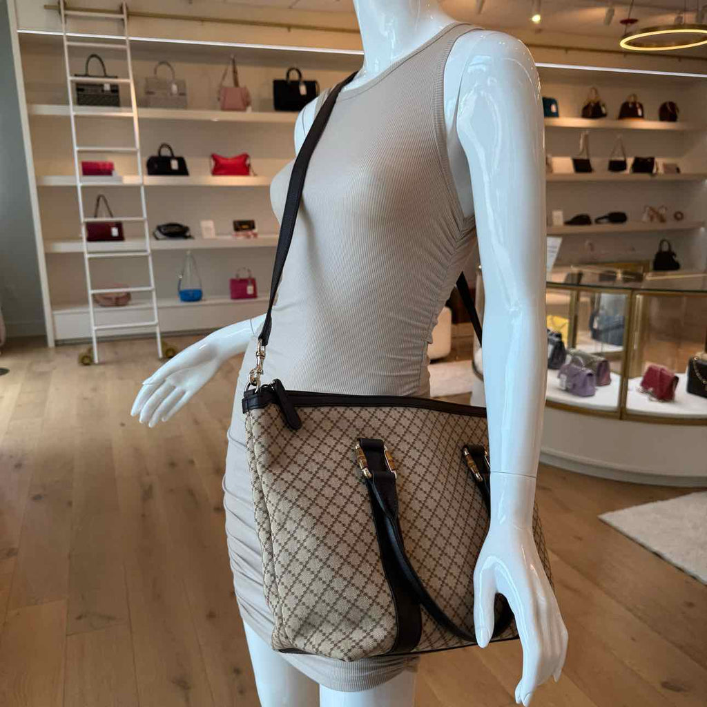 GUCCI Canvas Diamante Bamboo Tote Brown