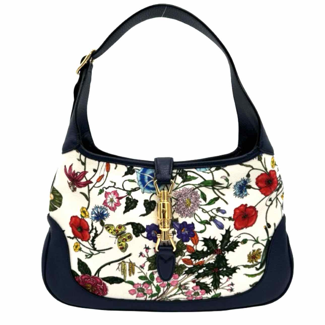 GUCCI Canvas Jackie Flora Medium Hobo Bag Navy