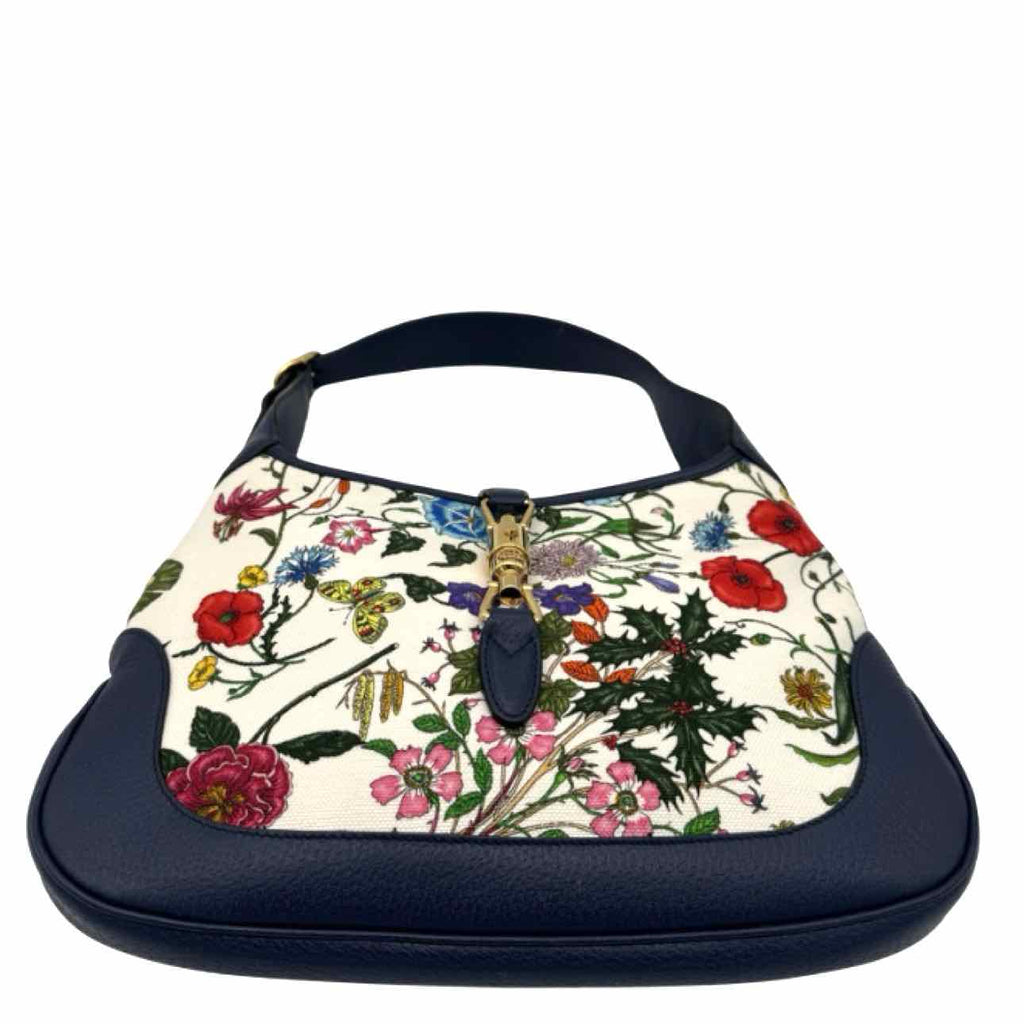 GUCCI Canvas Jackie Flora Medium Hobo Bag Navy
