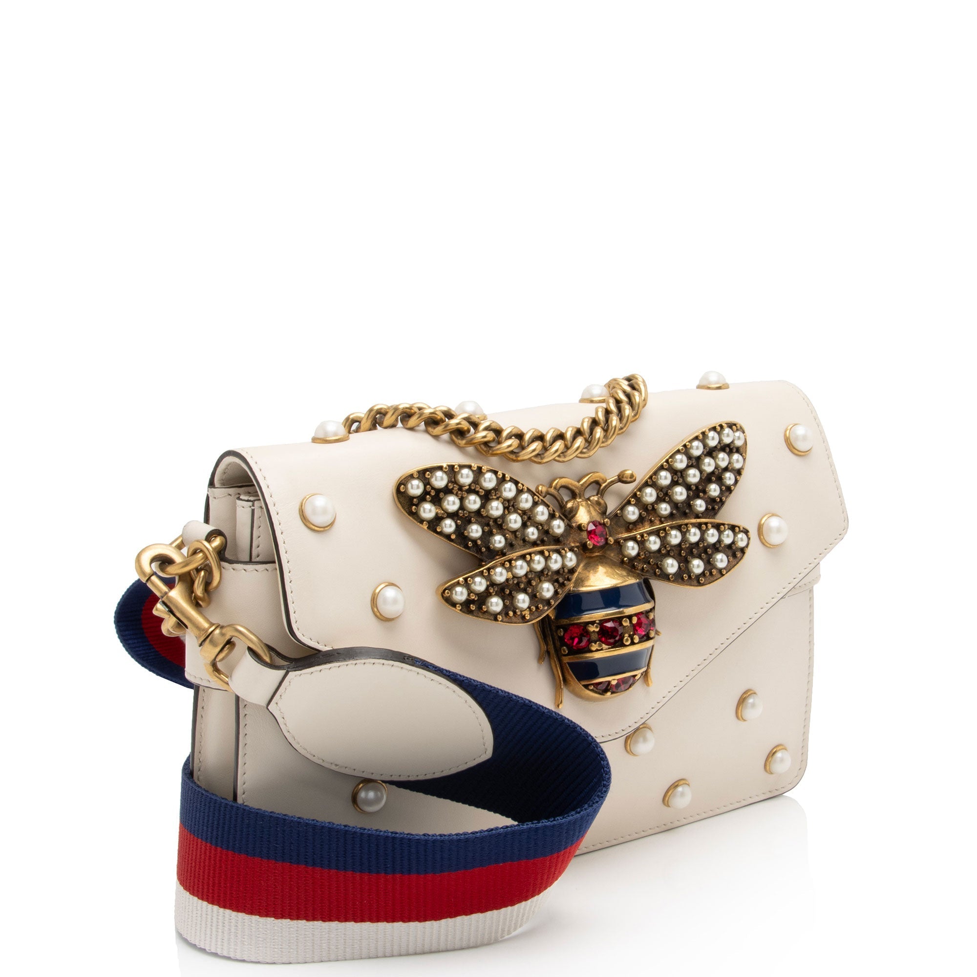 Gucci Calfskin Pearl Bee Broadway Mini Shoulder Bag (SHF-vh1WnC)