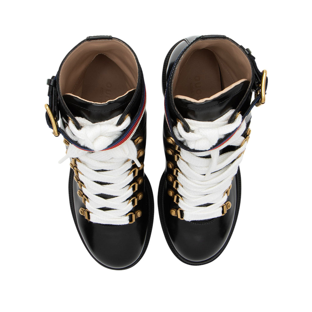 Gucci Calfskin Web Sylvie Combat Boots - Size 6 / 36