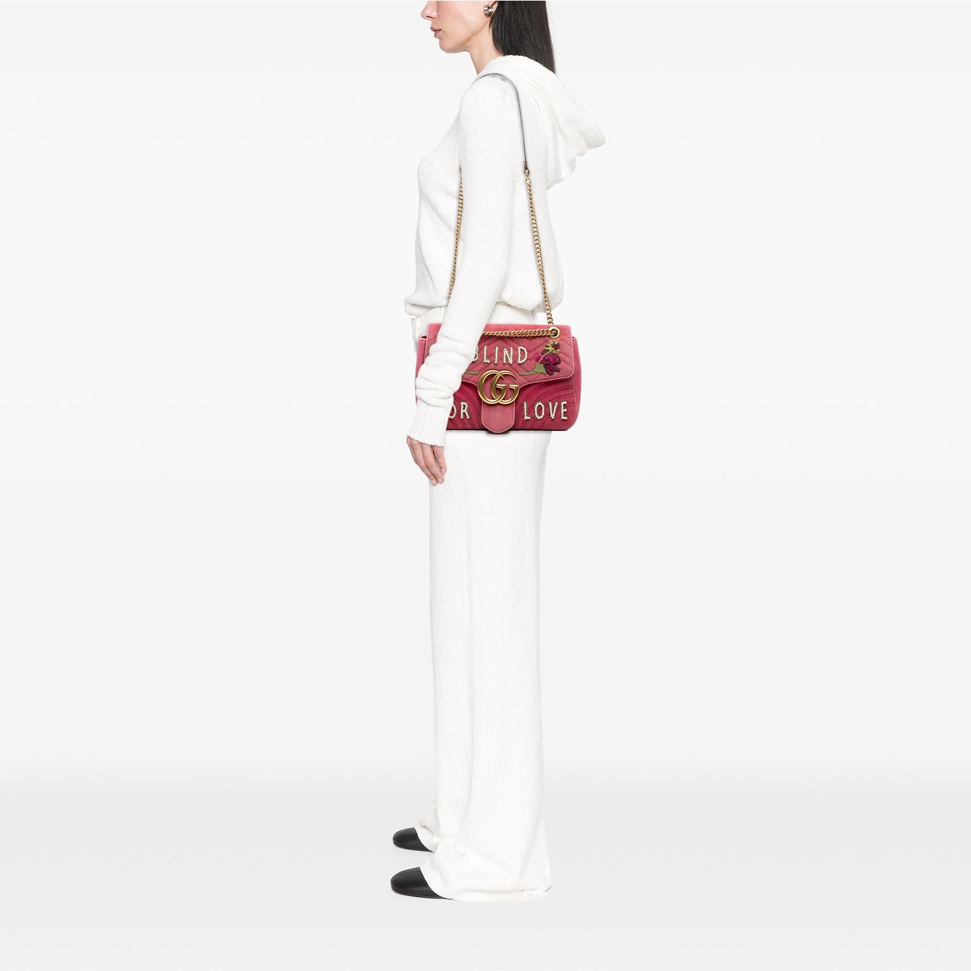 Gucci Large GG Marmont Matelasse Velvet Embroidered Blind For Love Shoulder Bag