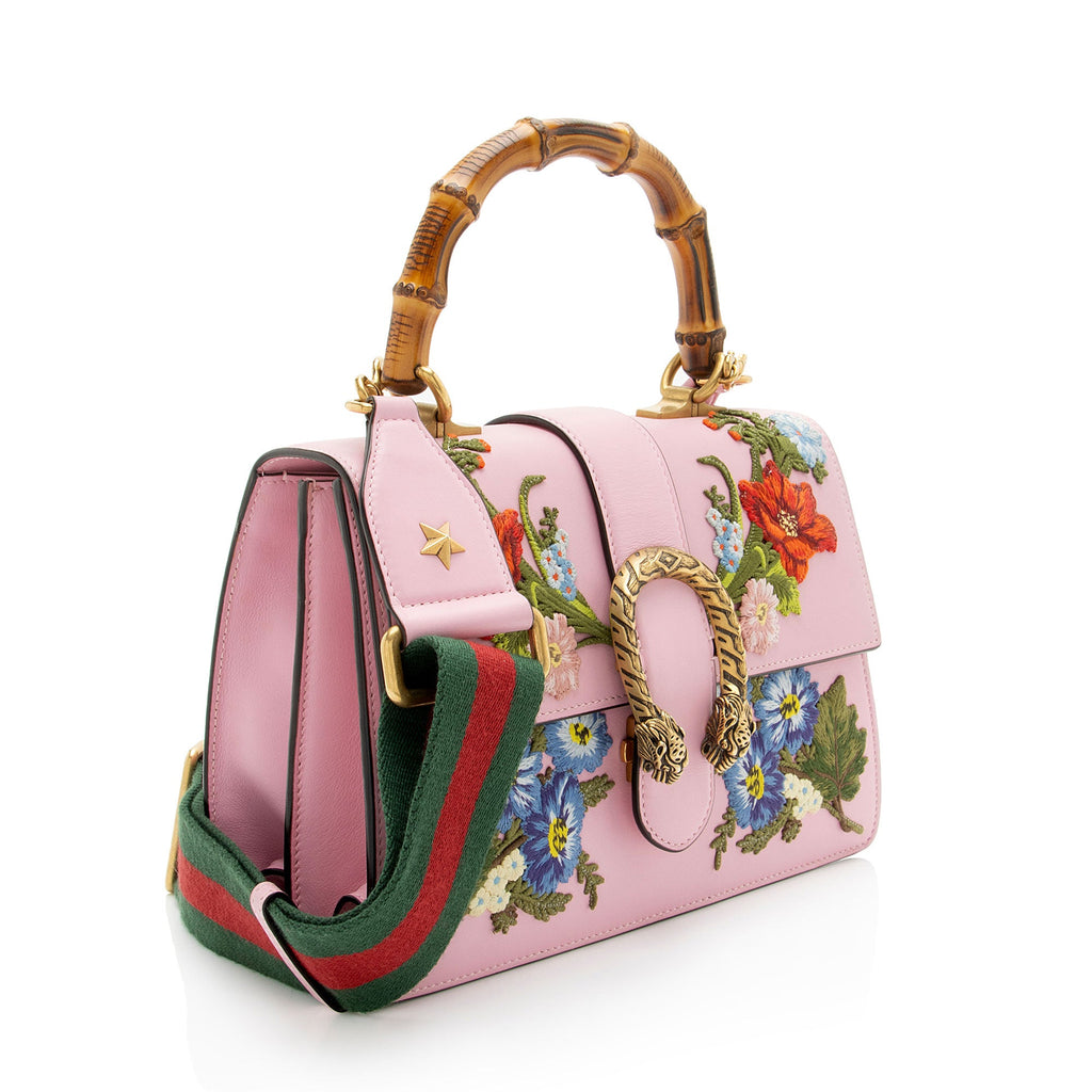 Gucci Leather Embroidered Bamboo Dionysus Medium Top Handle