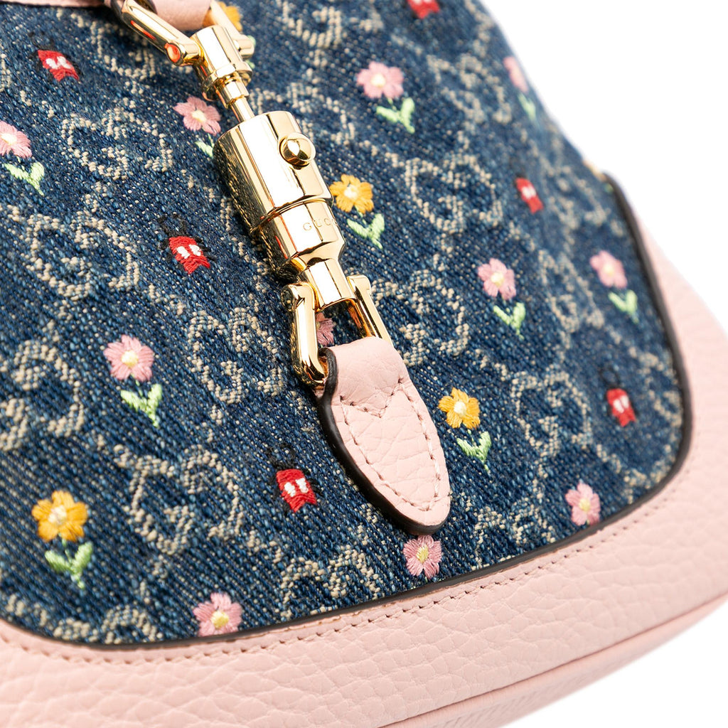 Gucci Limited Edition Mini GG Denim Embroidered Floral Jackie 1961 Crossbody