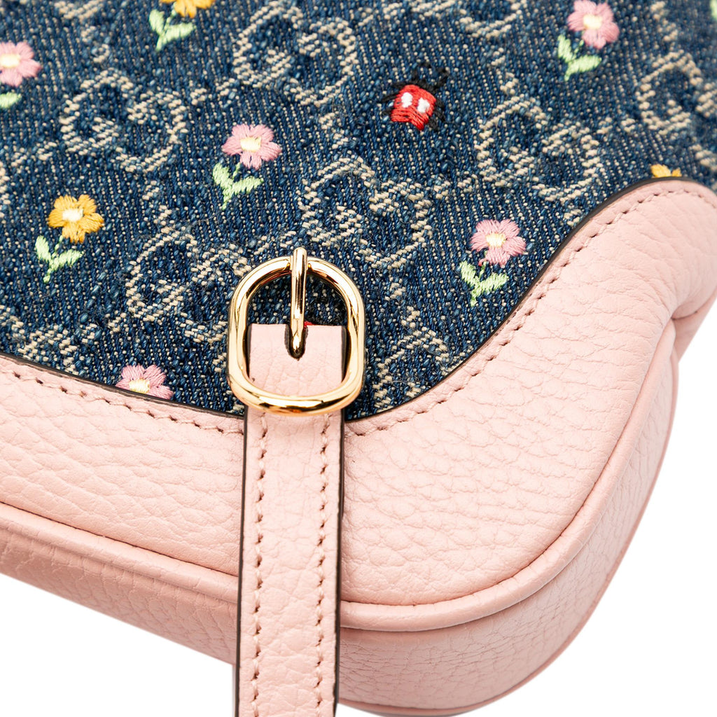 Gucci Limited Edition Mini GG Denim Embroidered Floral Jackie 1961 Crossbody