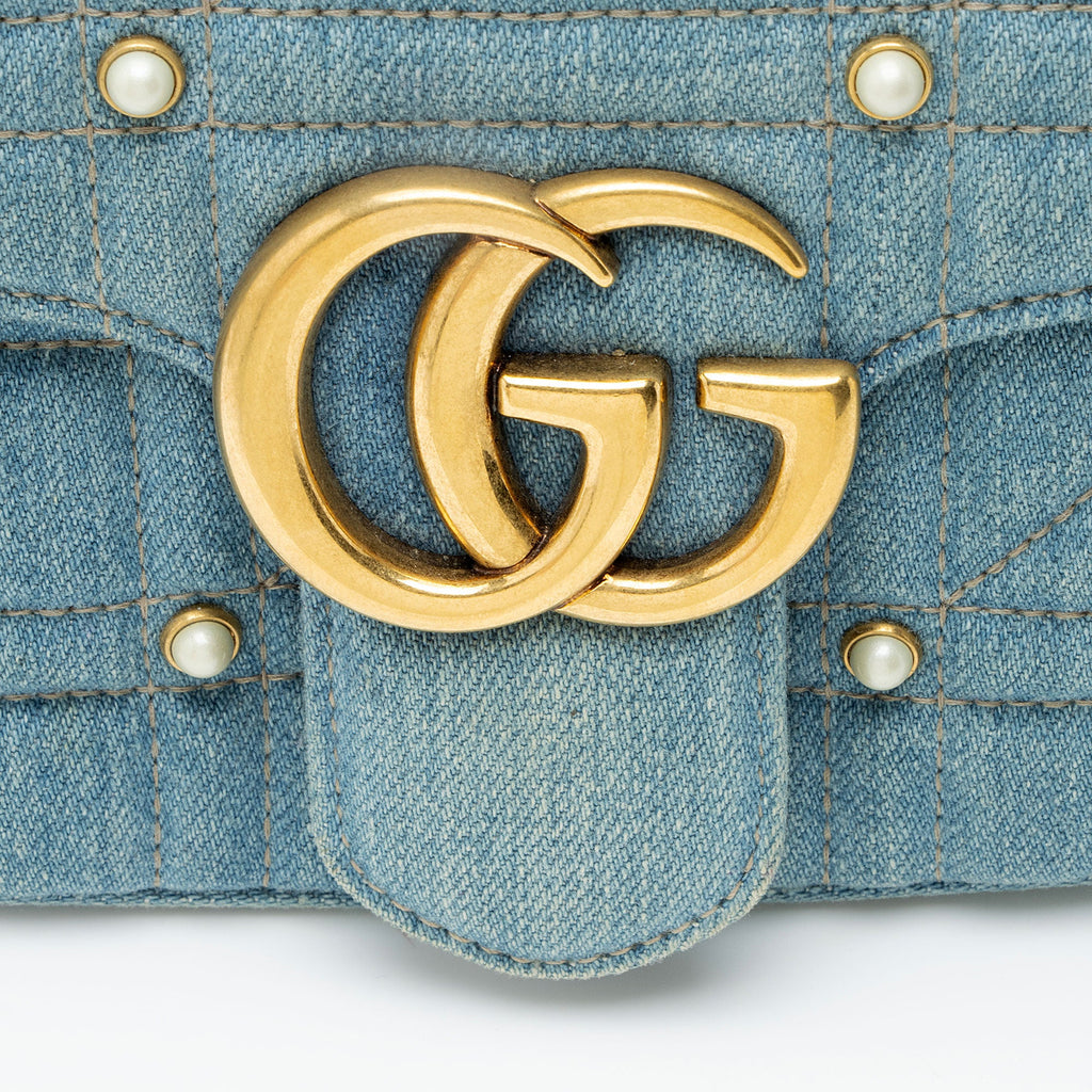 Gucci Matelasse Denim Pearl GG Marmont Medium Flap Bag