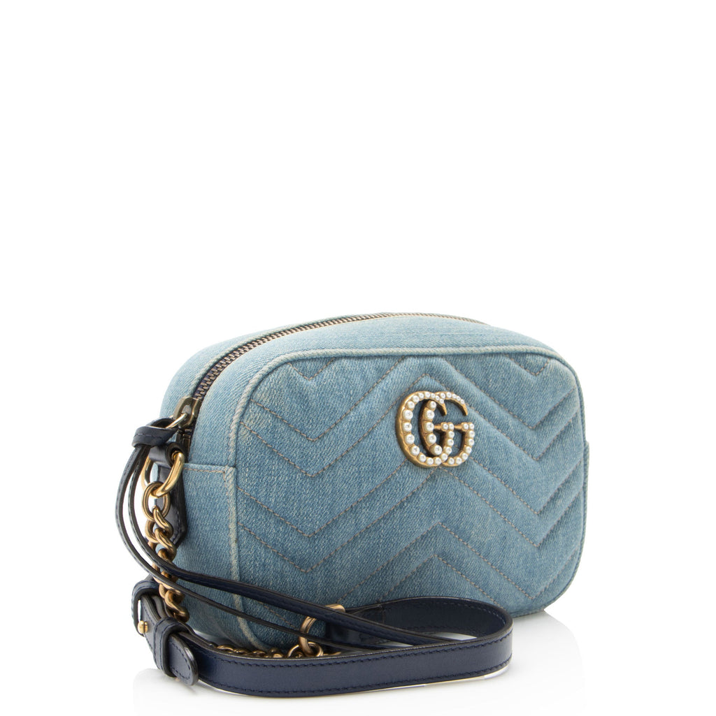 Gucci Matelasse Denim Pearl GG Marmont Mini Camera Bag