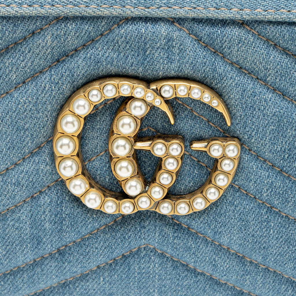 Gucci Matelasse Denim Pearl GG Marmont Small Camera Bag