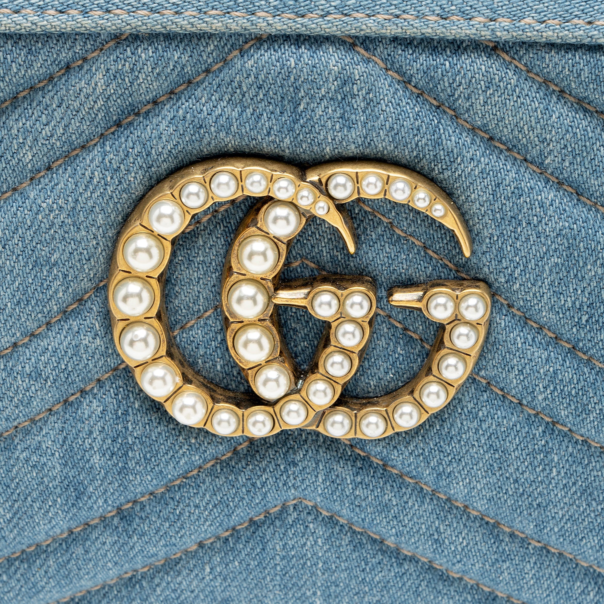 Gucci Matelasse Denim Pearl GG Marmont Small Camera Bag