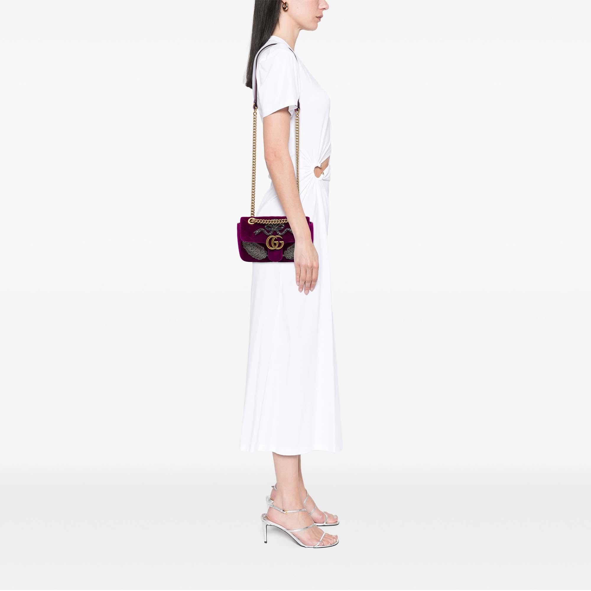 Gucci Small GG Marmont Matelasse Velvet Crystal Embellished Shoulder Bag