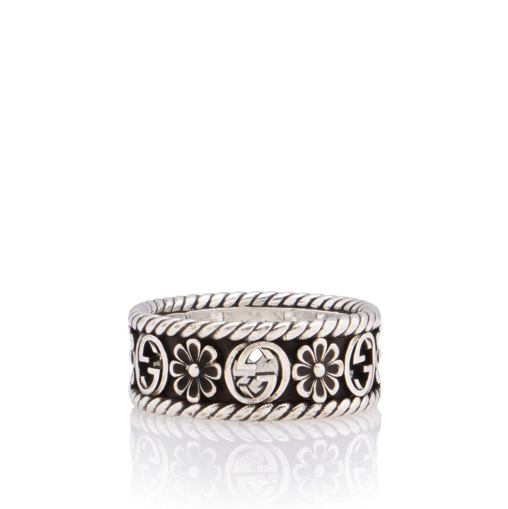 Gucci Sterling Silver Interlocking G Flower Ring - Size 8