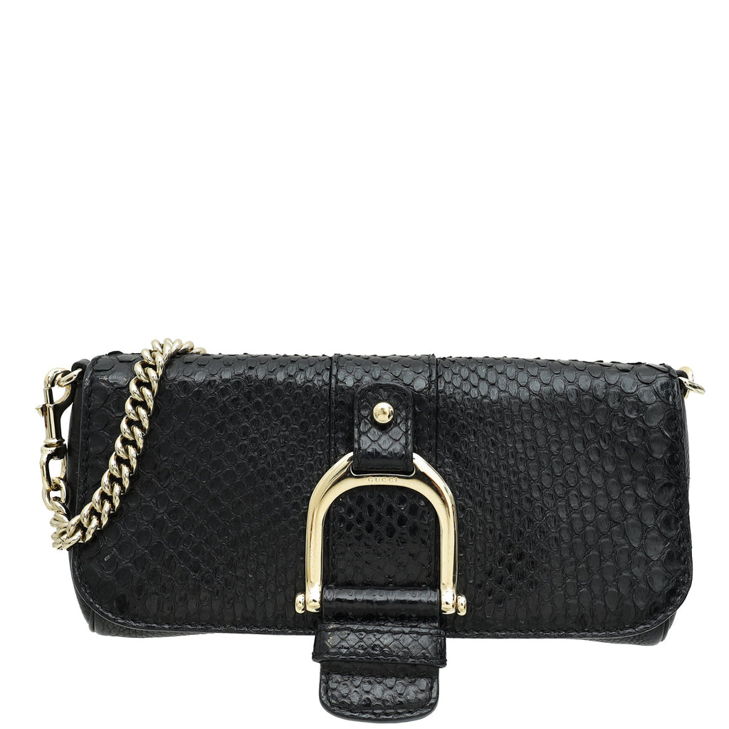 Gucci Black Python Greenwich Chain Clutch