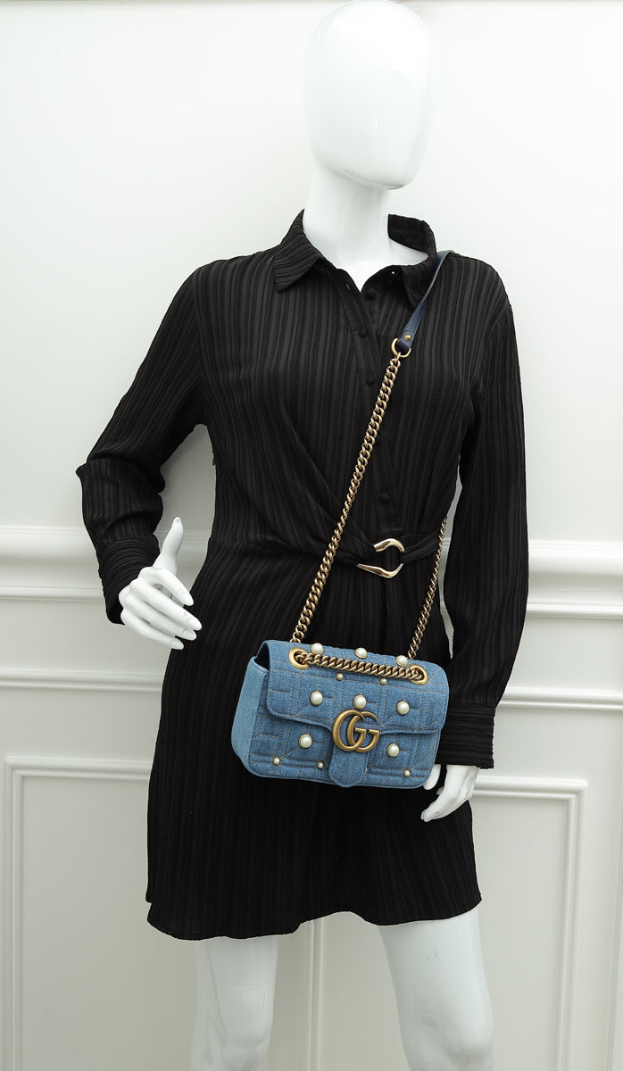 Gucci Blue GG Denim Marmont Pearl Mini Shoulder Bag