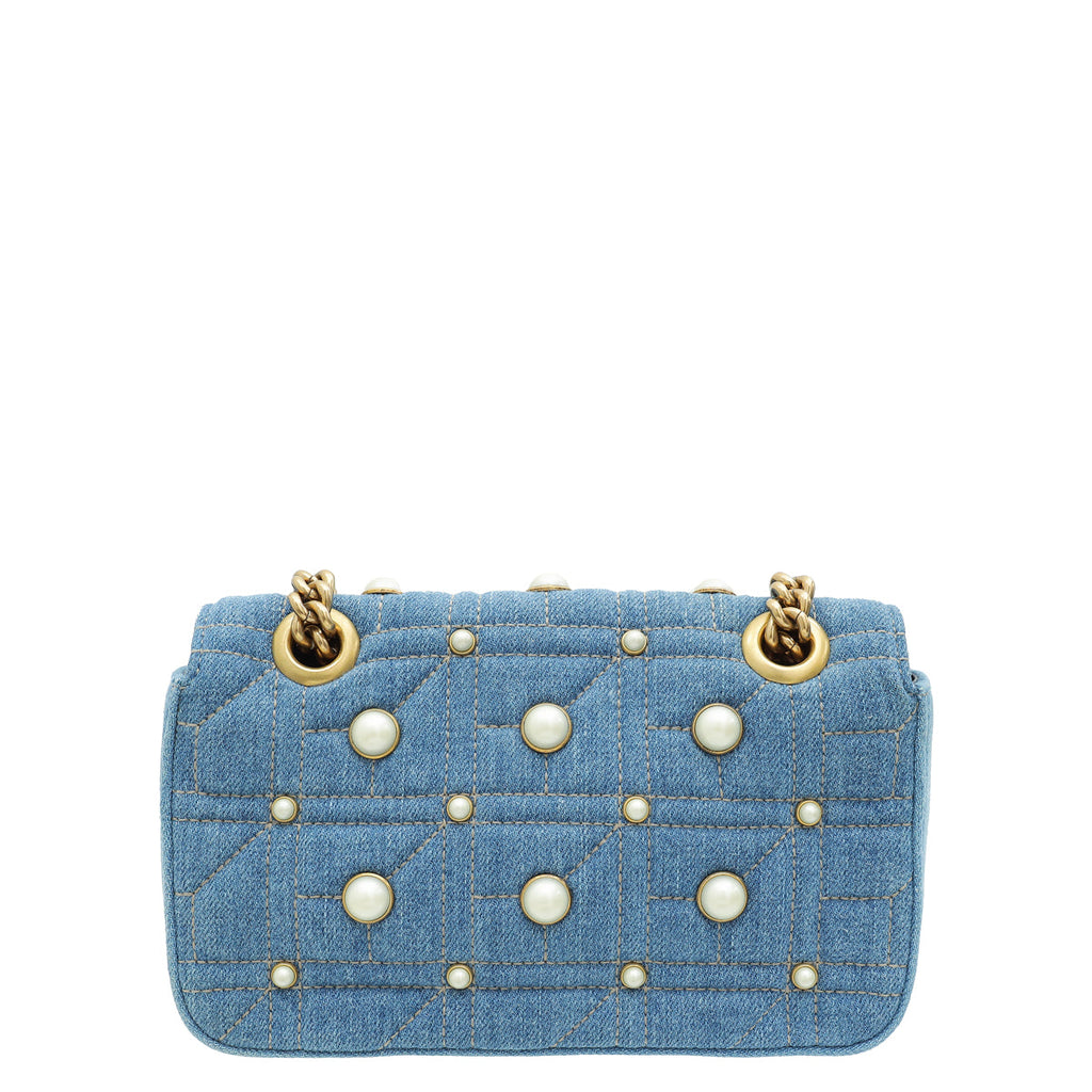 Gucci Blue GG Denim Marmont Pearl Mini Shoulder Bag