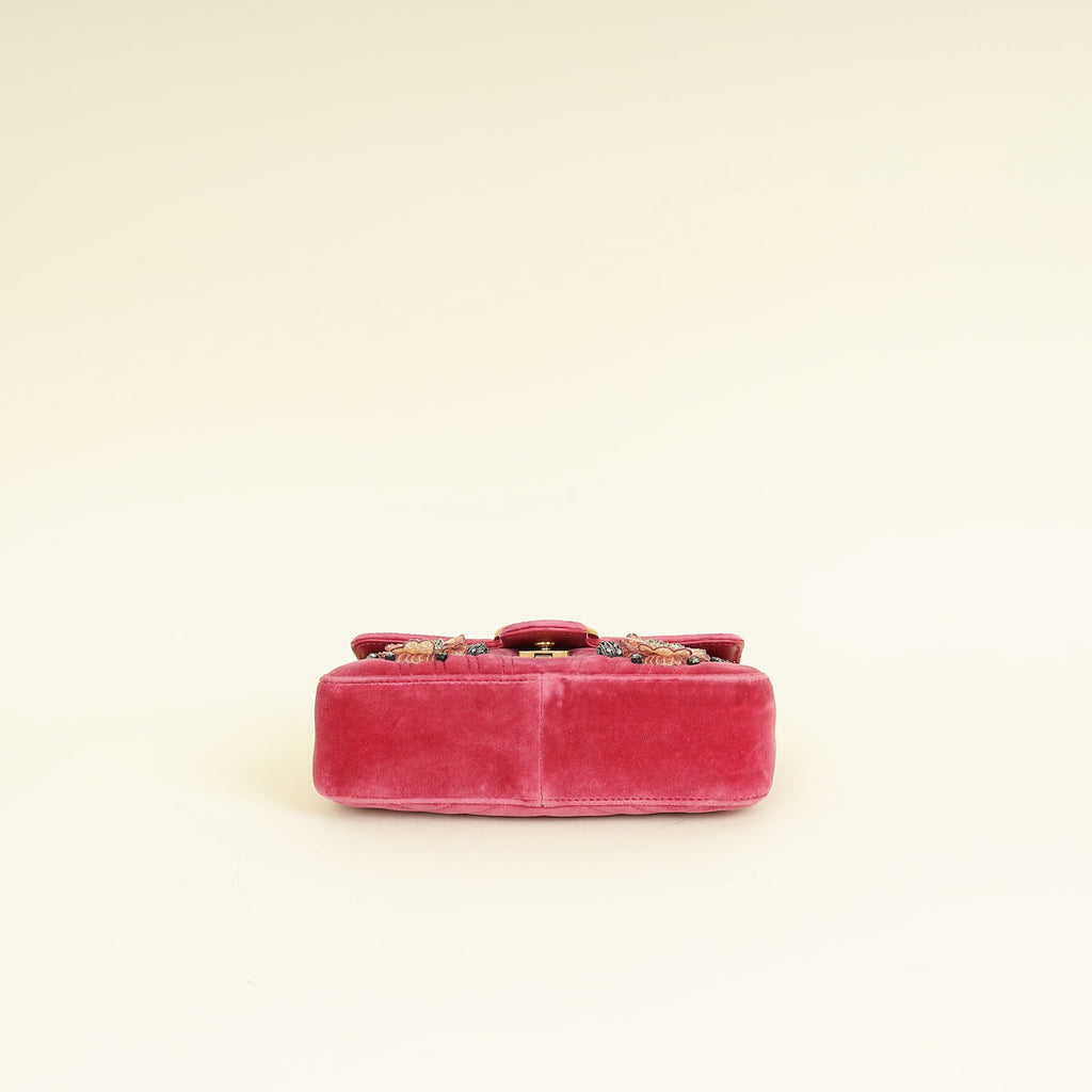 Gucci Dark Pink GG Marmont Velvet Embroidered Shoulder Bag