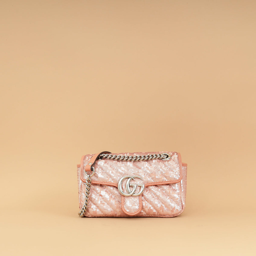 Gucci Pink Sequins GG Marmont Flap Small Shoulder Bag