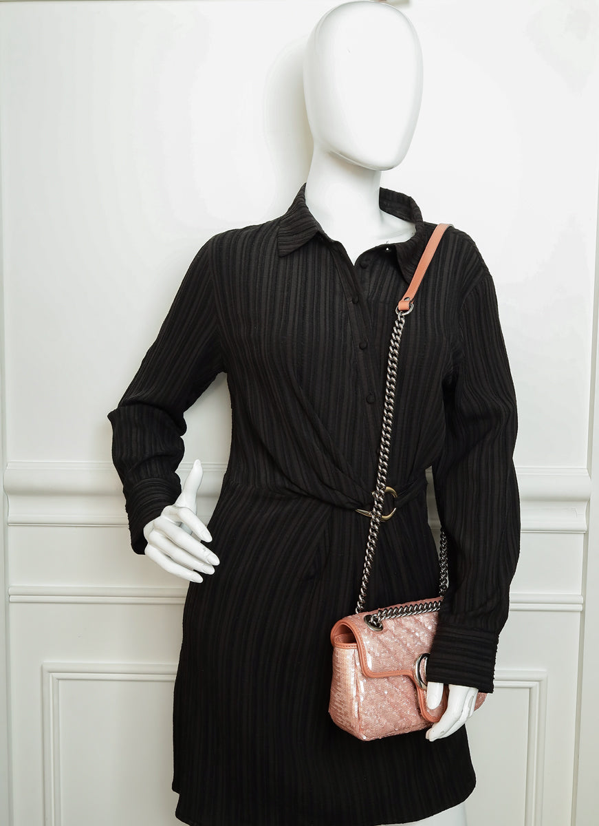Gucci Pink Sequins GG Marmont Flap Small Shoulder Bag