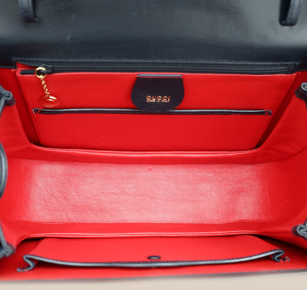 Gucci Navy Blue Bamboo Top Handle Bag
