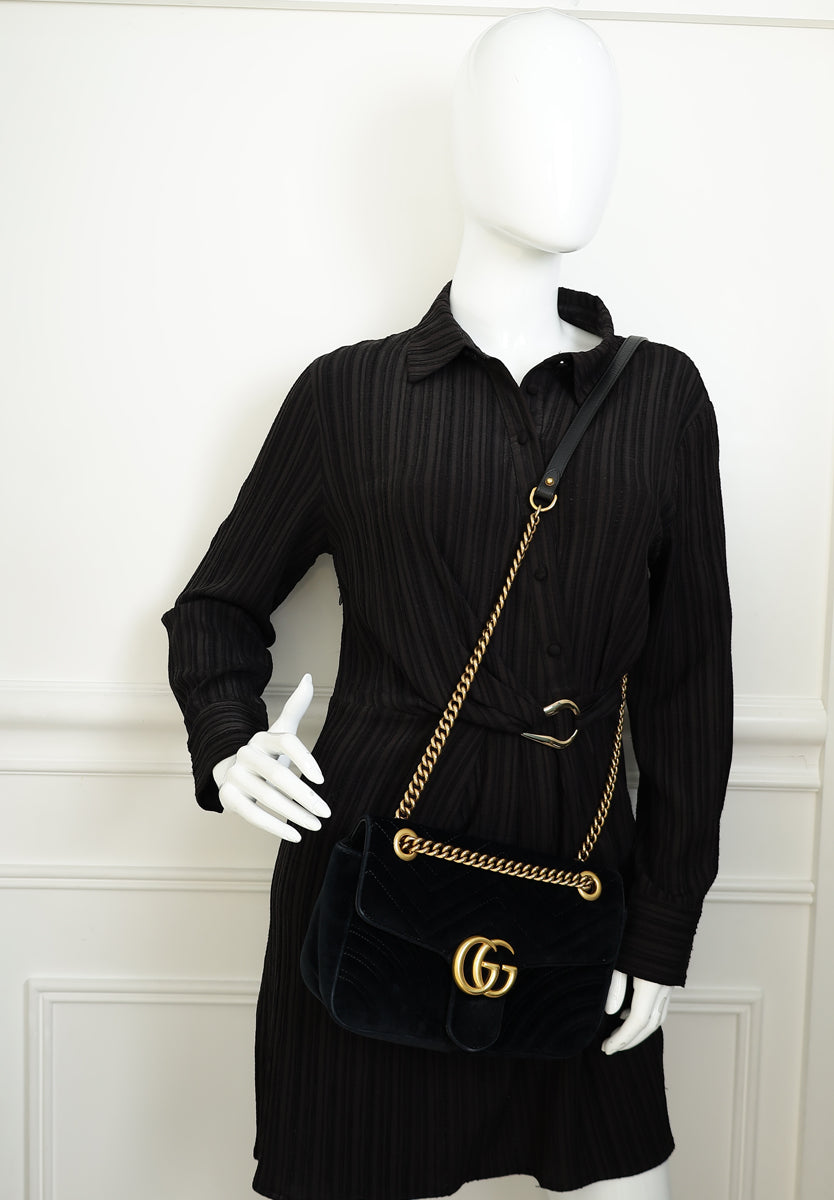 Gucci Black Velvet GG Marmont Medium Shoulder Bag