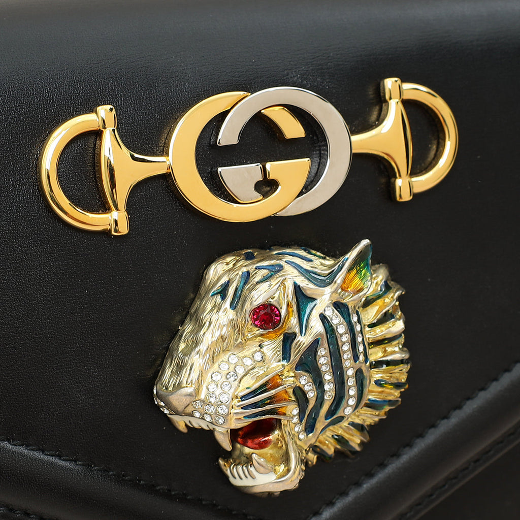 Gucci Black Rajah Medium Vitello Palmellato Lux Crystal Shoulder Bag
