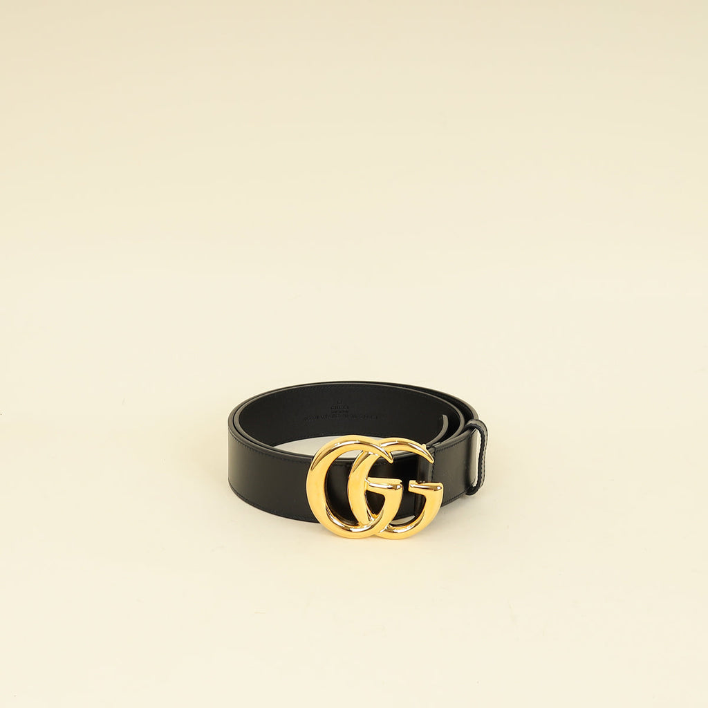 Gucci Black GG Marmont Wide Belt W/ Shiny Buckle 36