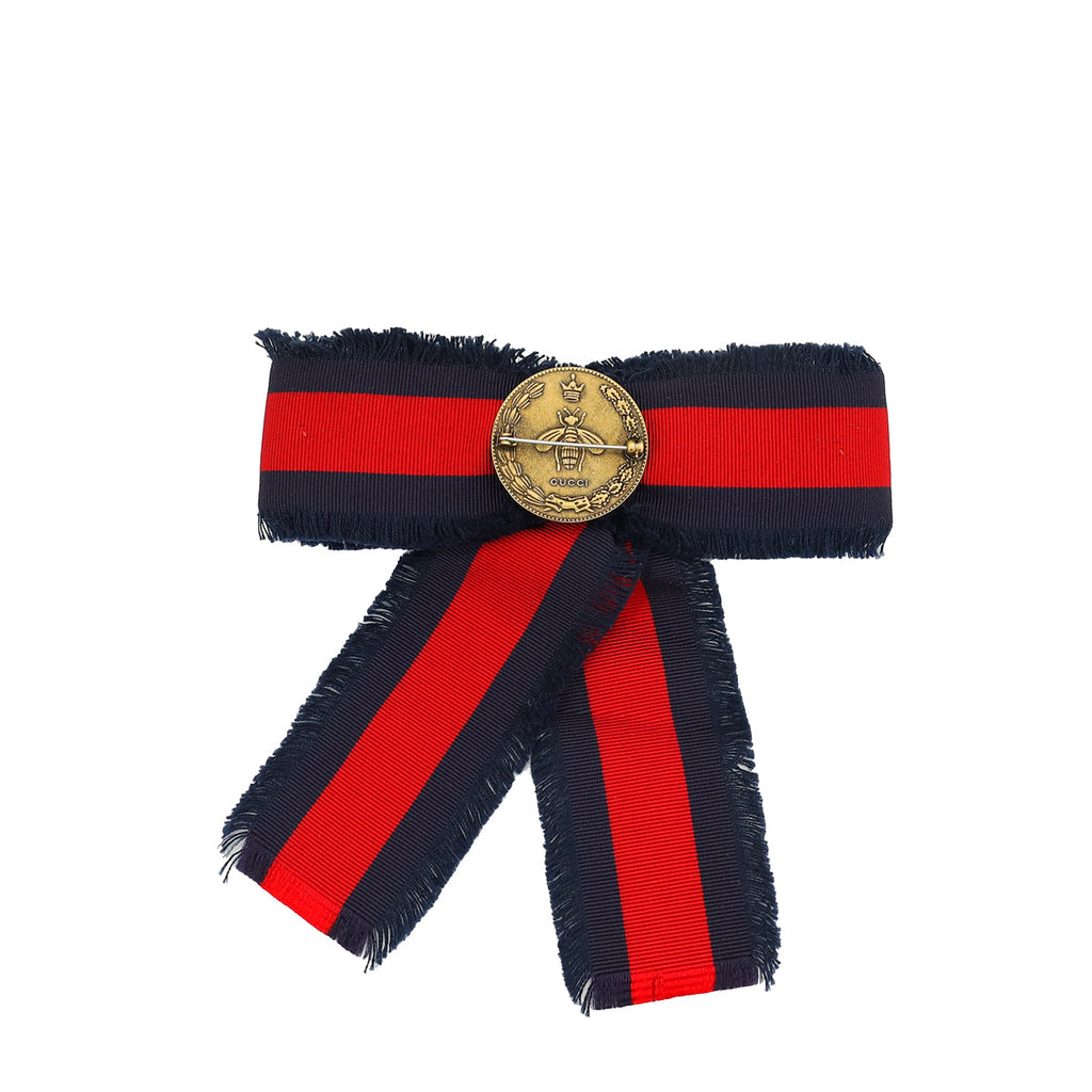 Gucci Bicolor Grosgrain Web Crystal Bow Brooch
