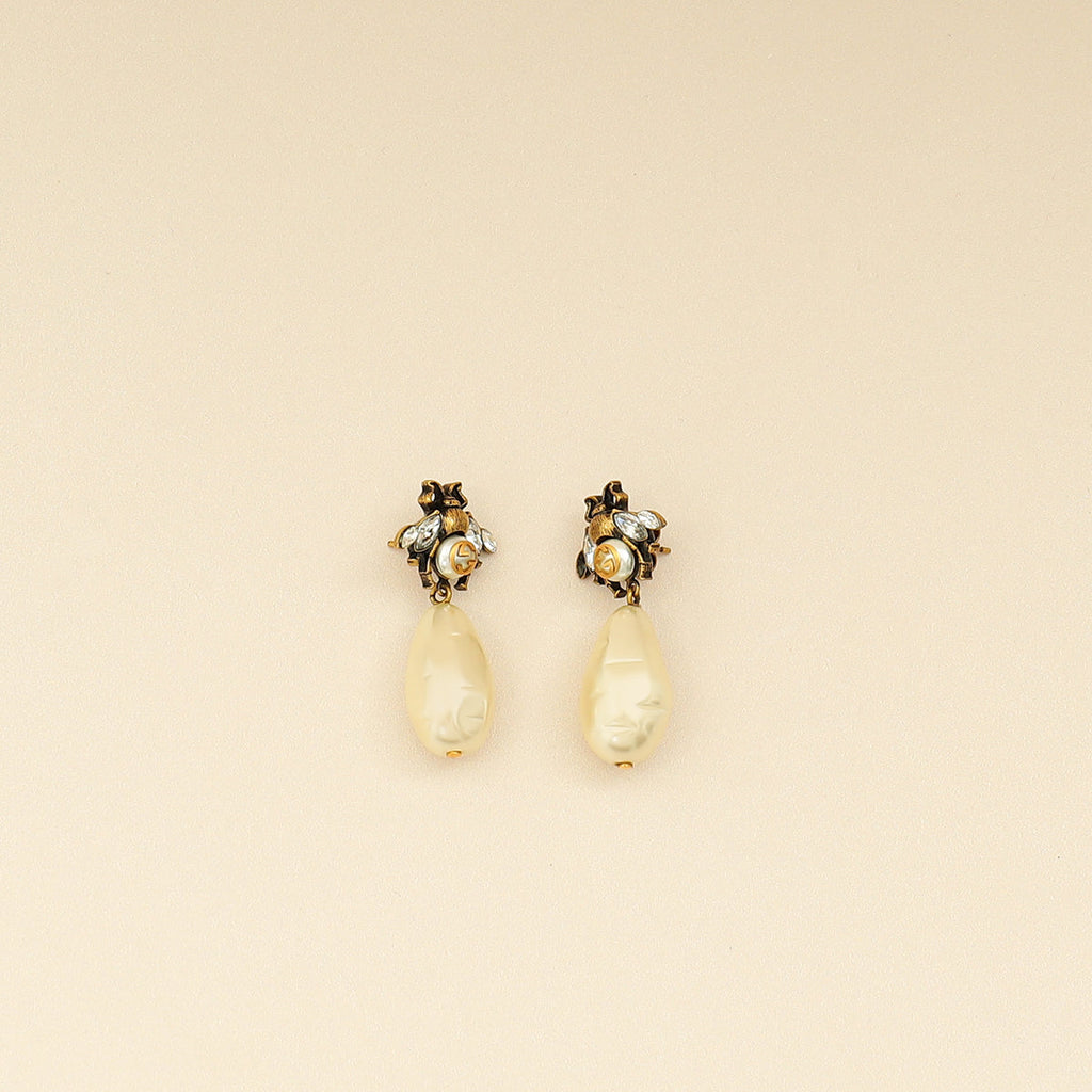 Gucci Aged Gold Finish GG Crystal Pearl Drop Bee Earrings