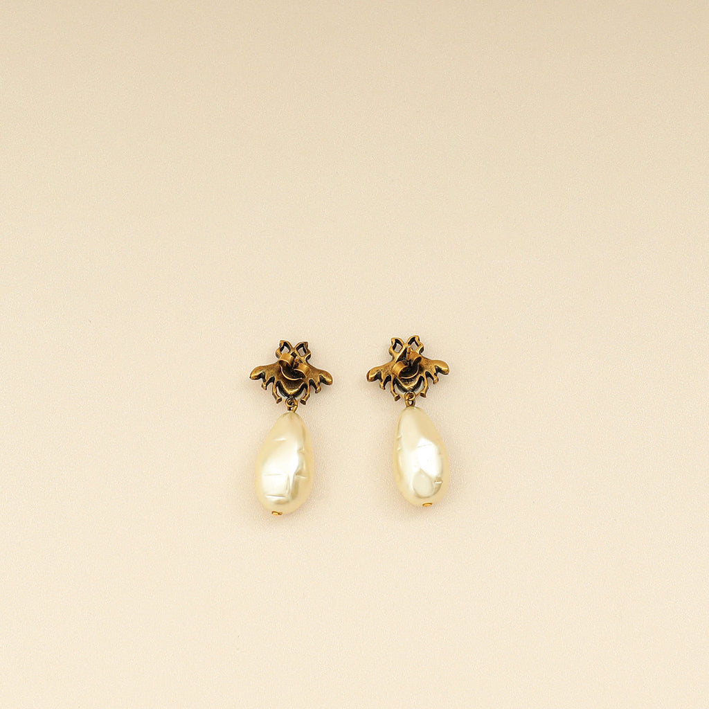 Gucci Aged Gold Finish GG Crystal Pearl Drop Bee Earrings