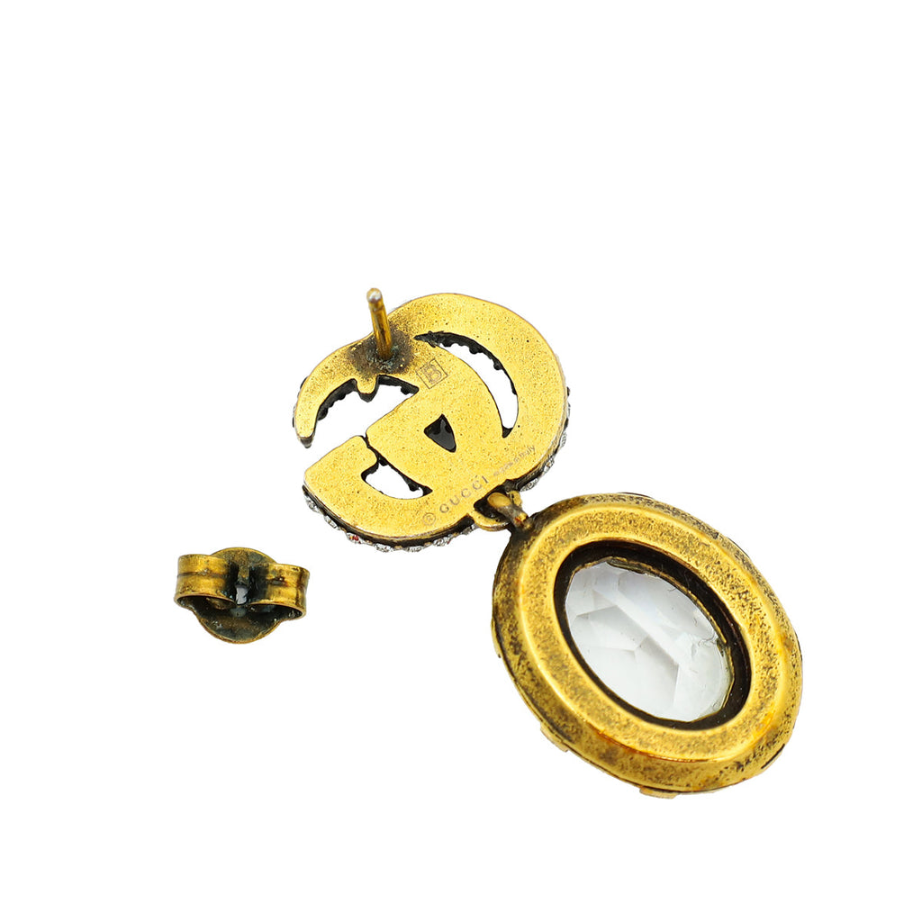 Gucci Aged Gold Double G Crystal Drop Stud Earrings