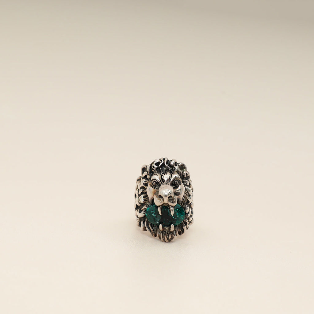 Gucci Silver Green Crystal Lion Head Ring 19