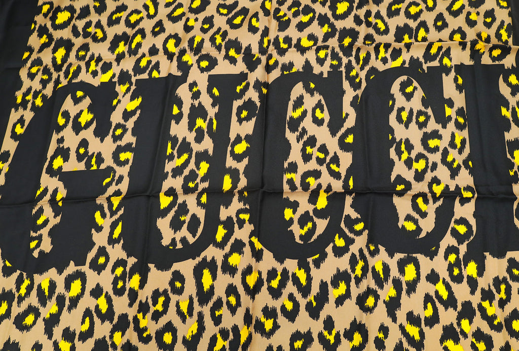 Gucci Tricolor Logo Disco Leopard Square Silk Scarf