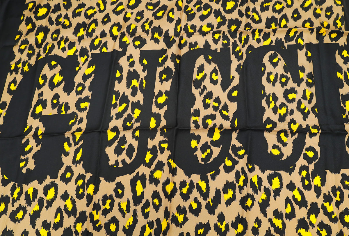 Gucci Tricolor Logo Disco Leopard Square Silk Scarf