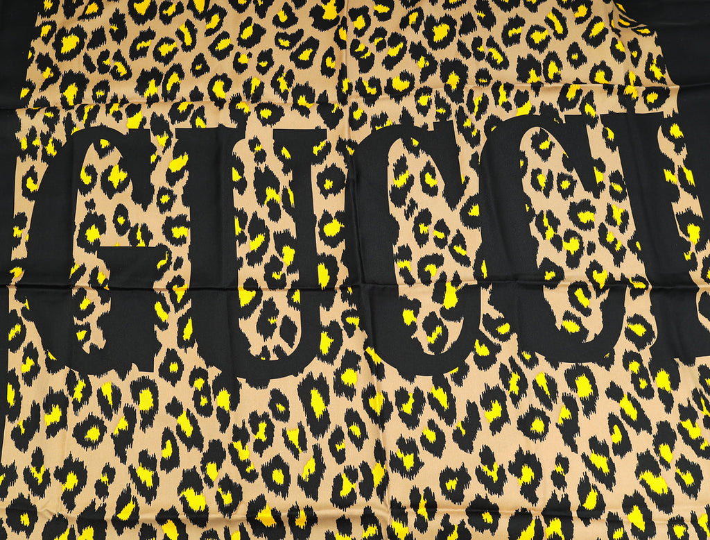 Gucci Tricolor Silk Logo Disco Leopard Square Scarf