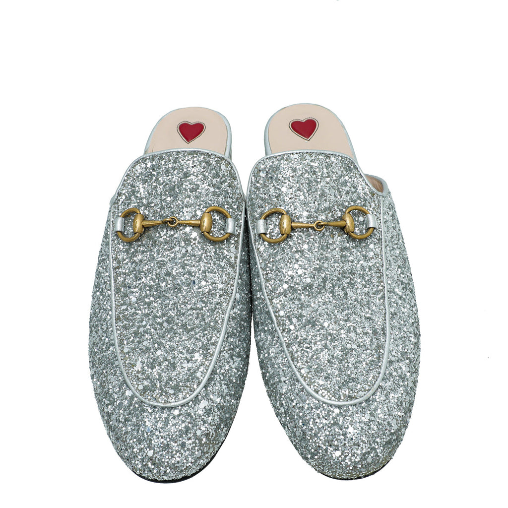Gucci Silver Glitter Princetown Mules 39.5