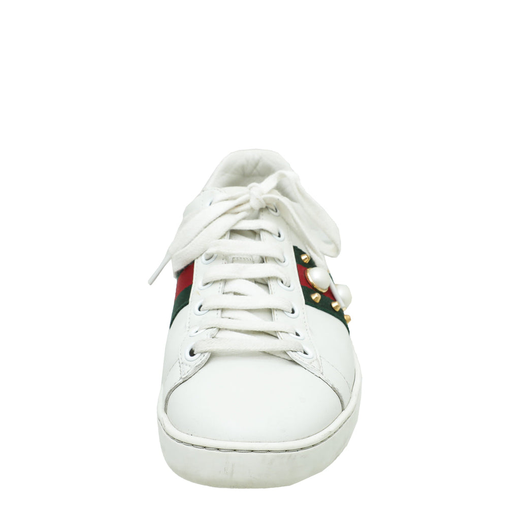 Gucci White Ace Web Pearl Studs Sneaker 37