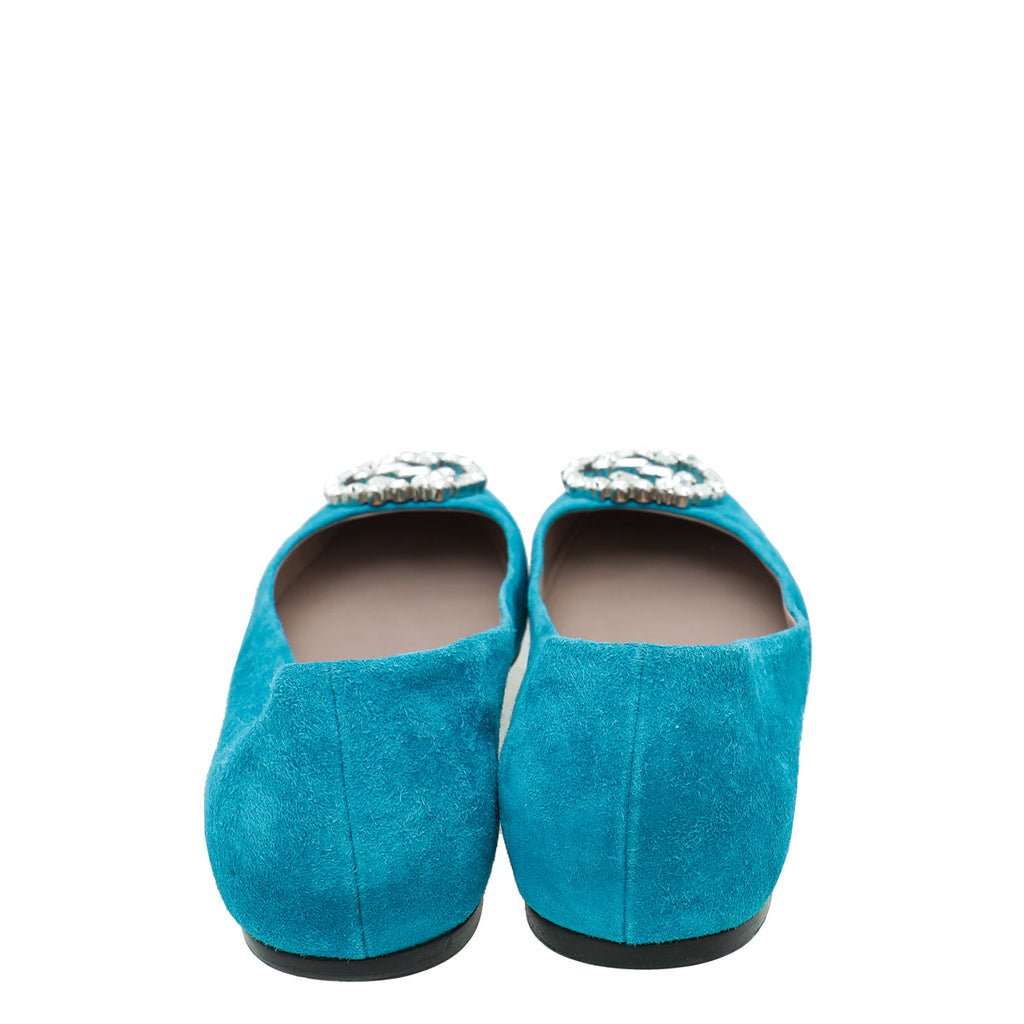 Gucci Turquoise Suede GG Crystal Ballerina 37.5
