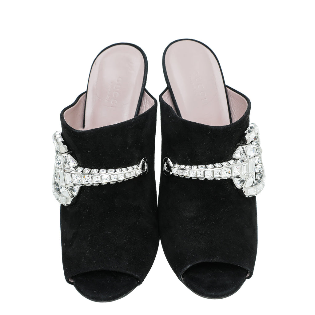 Gucci Black Suede Maxime Crystal Covered Horsebit Sandals 40.5