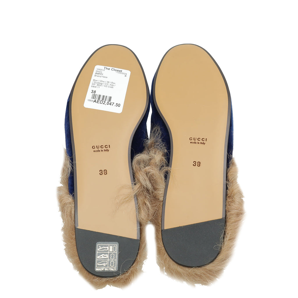 Gucci Blue Velvet Fur Princetown Mules 38
